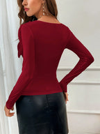 Privé Women's Round Neck Oversized Bow Decor Long Sleeve Fitted Elegant Gentle Sweet T-Shirt shein