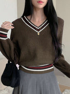DAZY Color Block V-Neck Casual Women Sweater shein