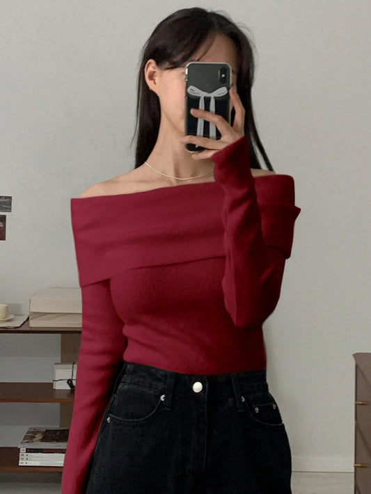 DAZY Women Casual & Elegant Solid Color Off-Shoulder Sweater