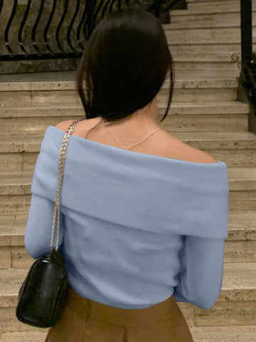 DAZY Women Casual & Elegant Solid Color Off-Shoulder Sweater
