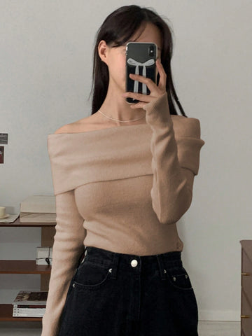 DAZY Women Casual & Elegant Solid Color Off-Shoulder Sweater