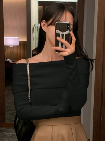 DAZY Women Casual & Elegant Solid Color Off-Shoulder Sweater