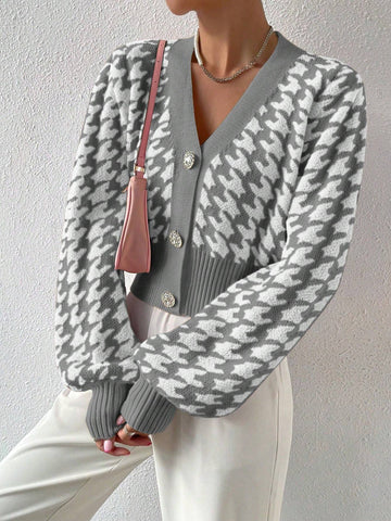 Frenchy Houndstooth Pattern Lantern Sleeve Cardigan