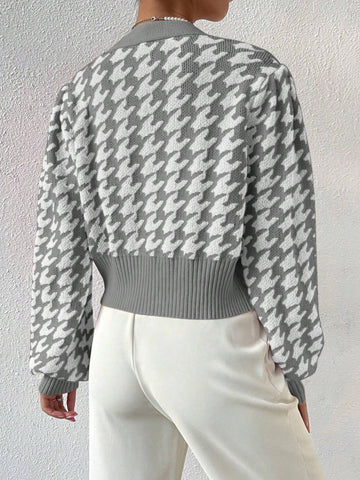 Frenchy Houndstooth Pattern Lantern Sleeve Cardigan