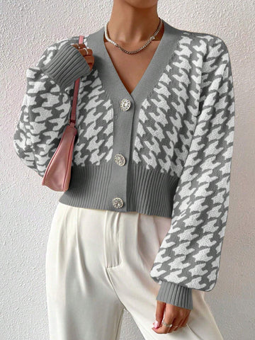 Frenchy Houndstooth Pattern Lantern Sleeve Cardigan