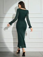 Modely Women's Solid Color Mesh Contrast Long Sleeve Casual Dress shein