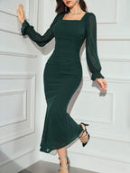 Modely Women's Solid Color Mesh Contrast Long Sleeve Casual Dress shein