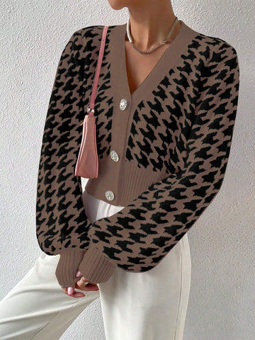 Frenchy Houndstooth Pattern Lantern Sleeve Cardigan