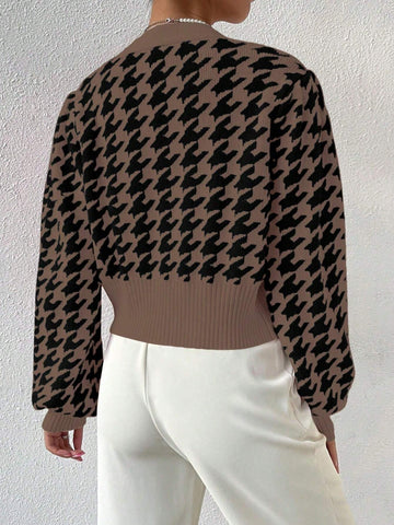 Frenchy Houndstooth Pattern Lantern Sleeve Cardigan