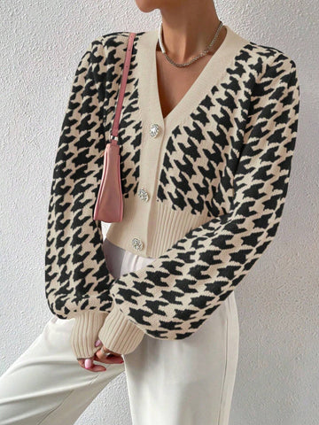 Frenchy Houndstooth Pattern Lantern Sleeve Cardigan