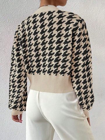 Frenchy Houndstooth Pattern Lantern Sleeve Cardigan