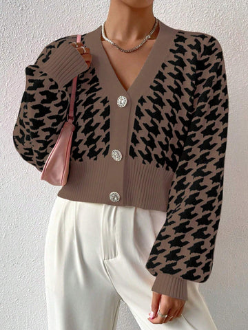 Frenchy Houndstooth Pattern Lantern Sleeve Cardigan