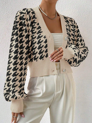 Frenchy Houndstooth Pattern Lantern Sleeve Cardigan