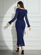 Modely Women's Solid Color Mesh Contrast Long Sleeve Casual Dress shein