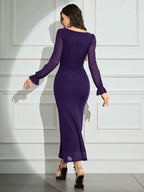 Modely Women's Solid Color Mesh Contrast Long Sleeve Casual Dress shein