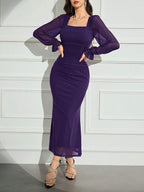 Modely Women's Solid Color Mesh Contrast Long Sleeve Casual Dress shein