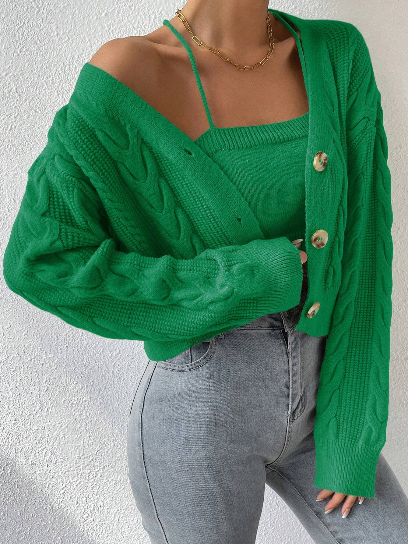 MOOSTA Drop Shoulder Cable Knit Cardigan & Crop Knit Top shein