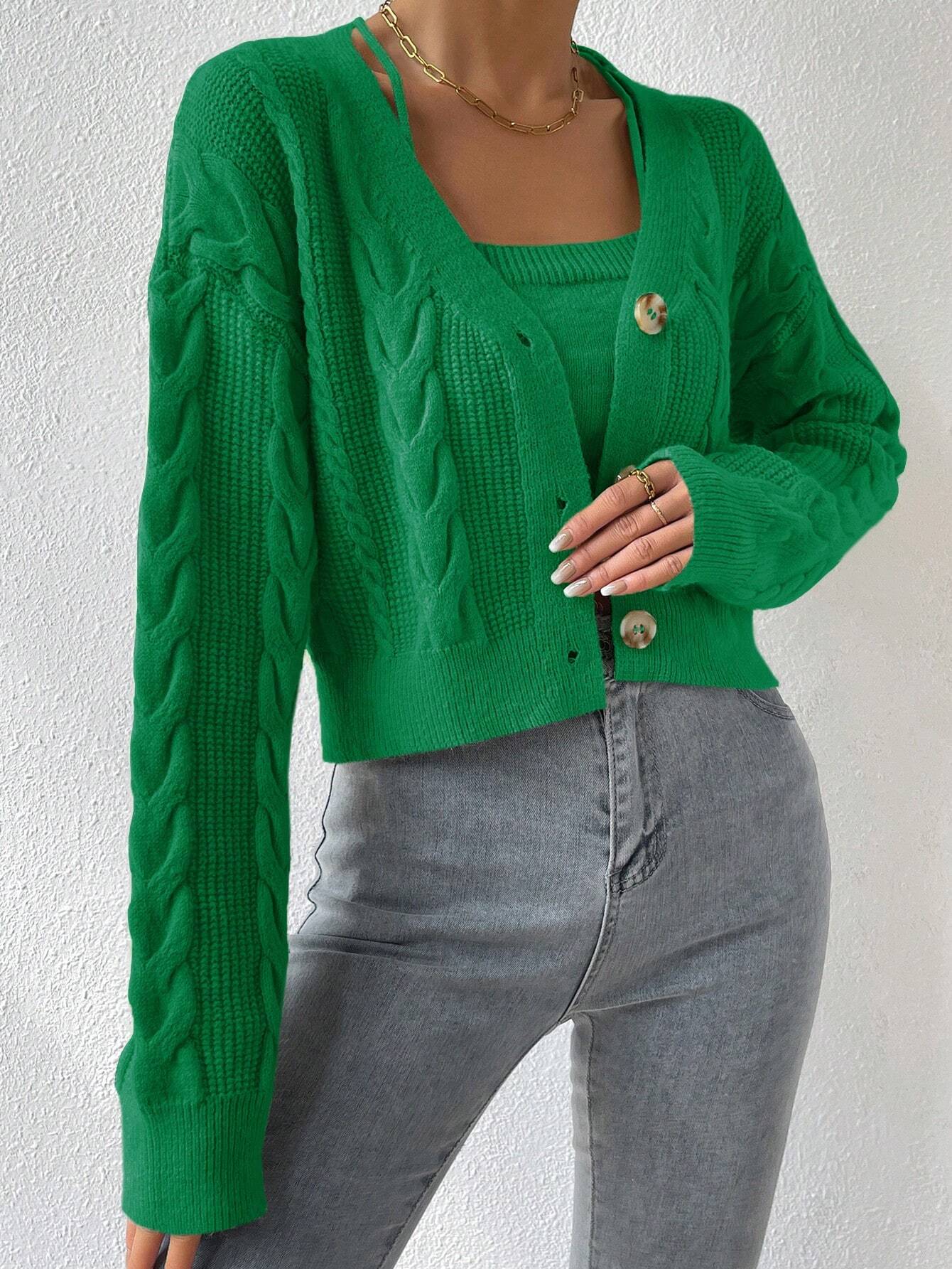 MOOSTA Drop Shoulder Cable Knit Cardigan & Crop Knit Top shein