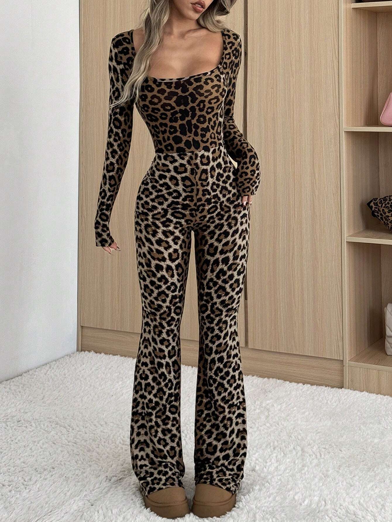 Women's Leopard Print Square Neck Long Sleeve Flared Fashion Jumpsuit