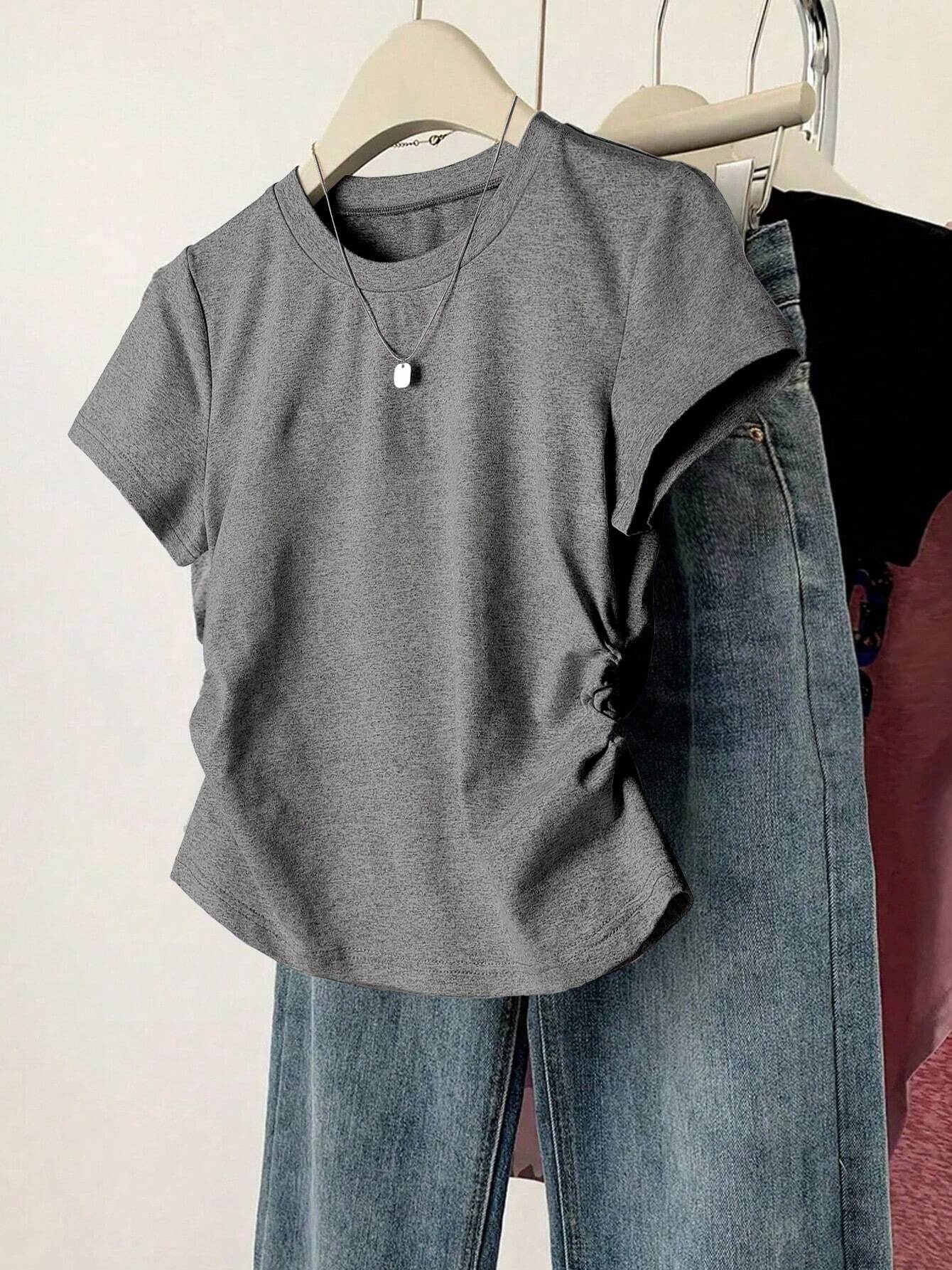 INAWLY Women Solid Color Short Sleeve T-Shirt shein