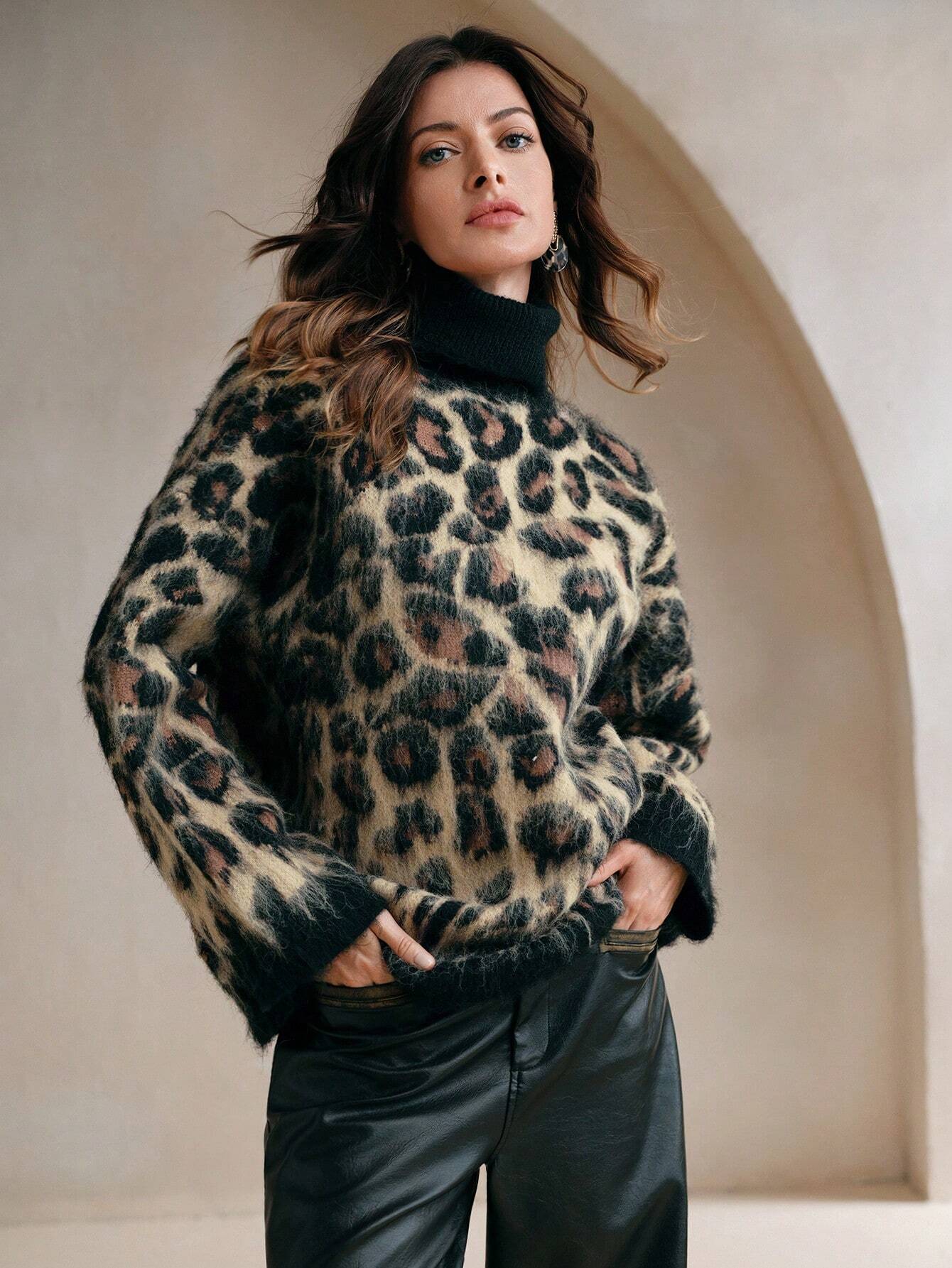 Fashion Leopard Jacquard Dropped Shoulder Loose Turtleneck Sweater Shein