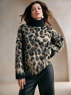 Fashion Leopard Jacquard Dropped Shoulder Loose Turtleneck Sweater Shein