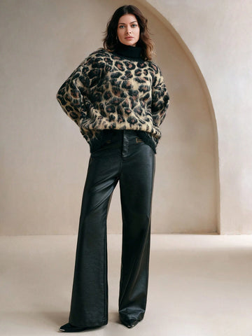 Fashion Leopard Jacquard Dropped Shoulder Loose Turtleneck Sweater