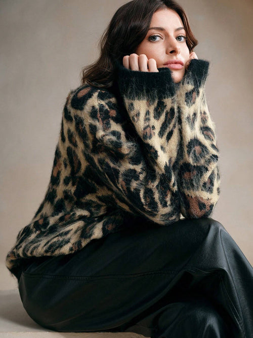 Fashion Leopard Jacquard Dropped Shoulder Loose Turtleneck Sweater Shein