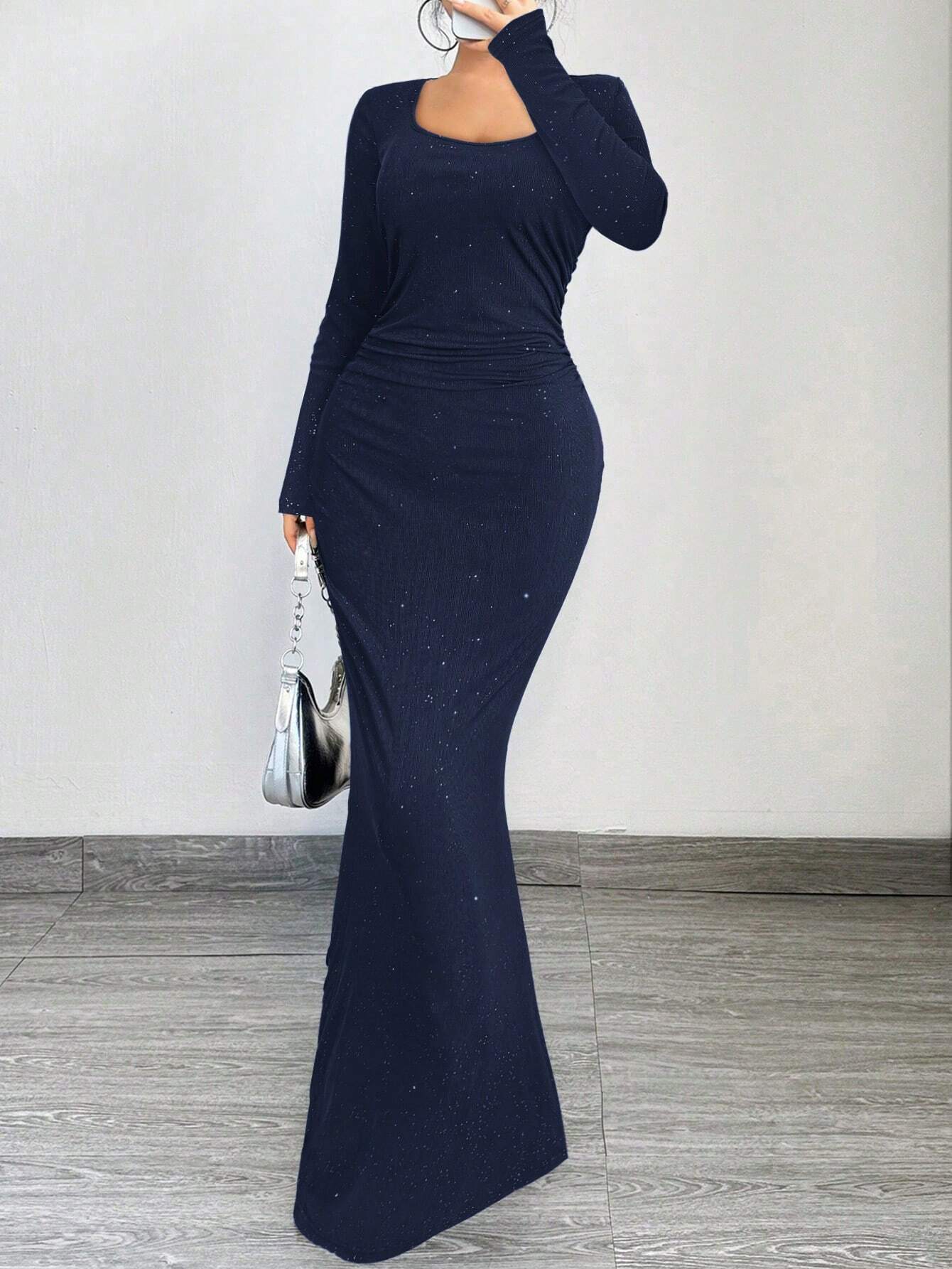 SXY Elegant And Glamorous Ruched Waist Fitted Black Glittery Square Neck Long Sleeve Dress shein
