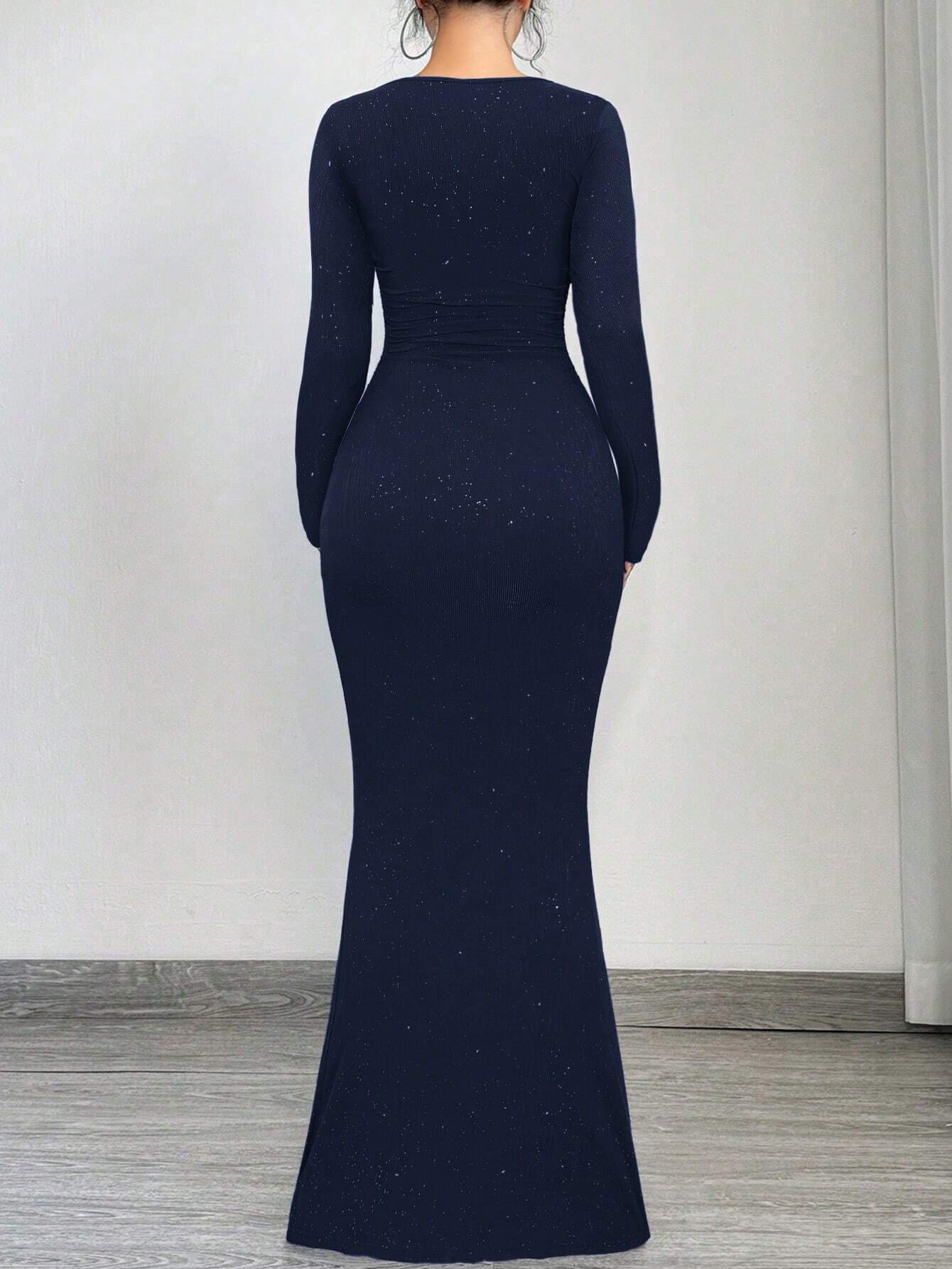 SXY Elegant And Glamorous Ruched Waist Fitted Black Glittery Square Neck Long Sleeve Dress shein