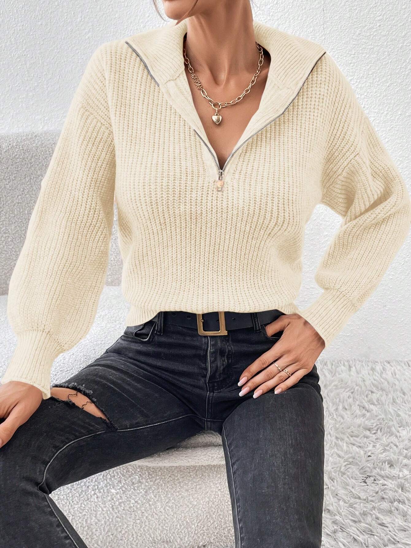 Frenchy Half Zip Drop Shoulder Grain Sweater shein