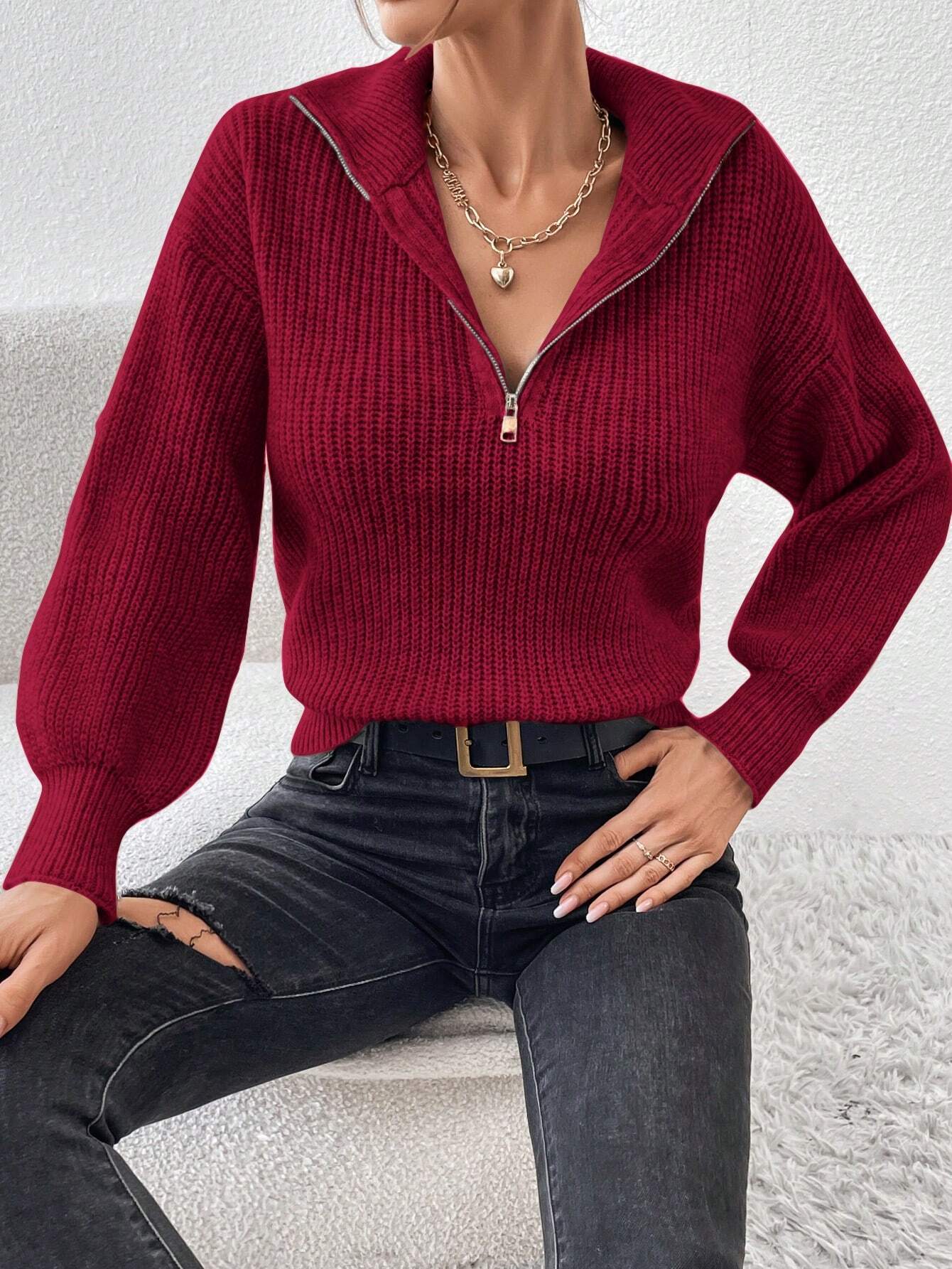 Frenchy Half Zip Drop Shoulder Grain Sweater shein