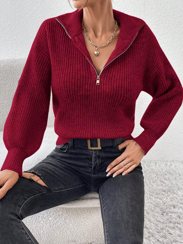 Frenchy Half Zip Drop Shoulder Grain Sweater