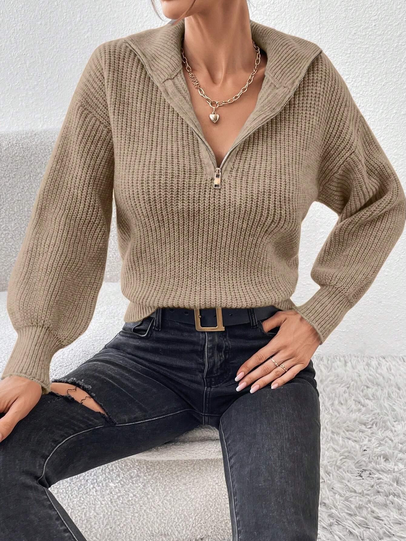 Frenchy Half Zip Drop Shoulder Grain Sweater shein