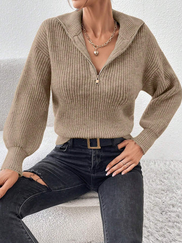 Frenchy Half Zip Drop Shoulder Grain Sweater