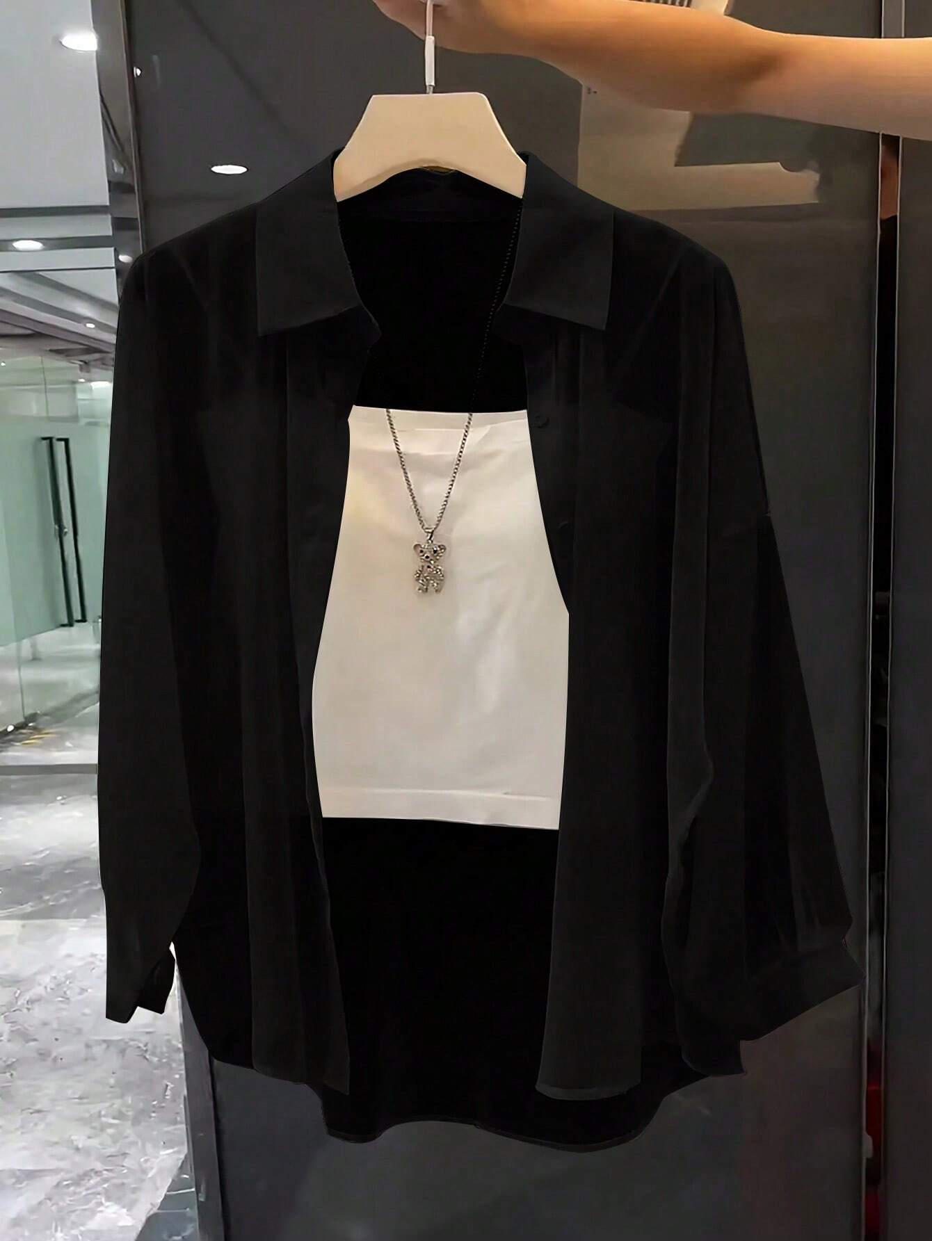 ChicEase Basic Transparent Plain Simple Collared Shirt shein