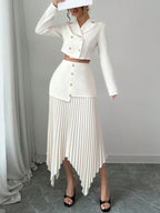 Elenzya 2pcs/Set Women Blazer Collar Gathered Waistline Button-Up Pleated Asymmetrical Elegant Outfit shein