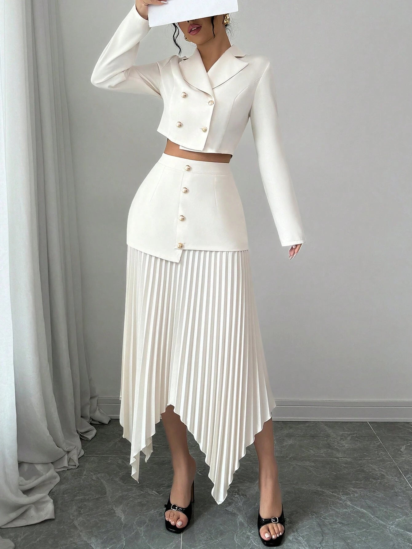 Elenzya 2pcs/Set Women Blazer Collar Gathered Waistline Button-Up Pleated Asymmetrical Elegant Outfit shein