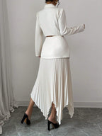 Elenzya 2pcs/Set Women Blazer Collar Gathered Waistline Button-Up Pleated Asymmetrical Elegant Outfit shein