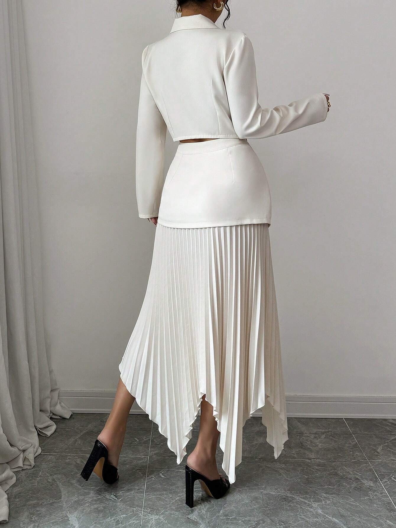 Elenzya 2pcs/Set Women Blazer Collar Gathered Waistline Button-Up Pleated Asymmetrical Elegant Outfit shein