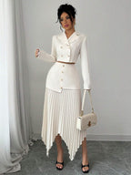 Elenzya 2pcs/Set Women Blazer Collar Gathered Waistline Button-Up Pleated Asymmetrical Elegant Outfit shein