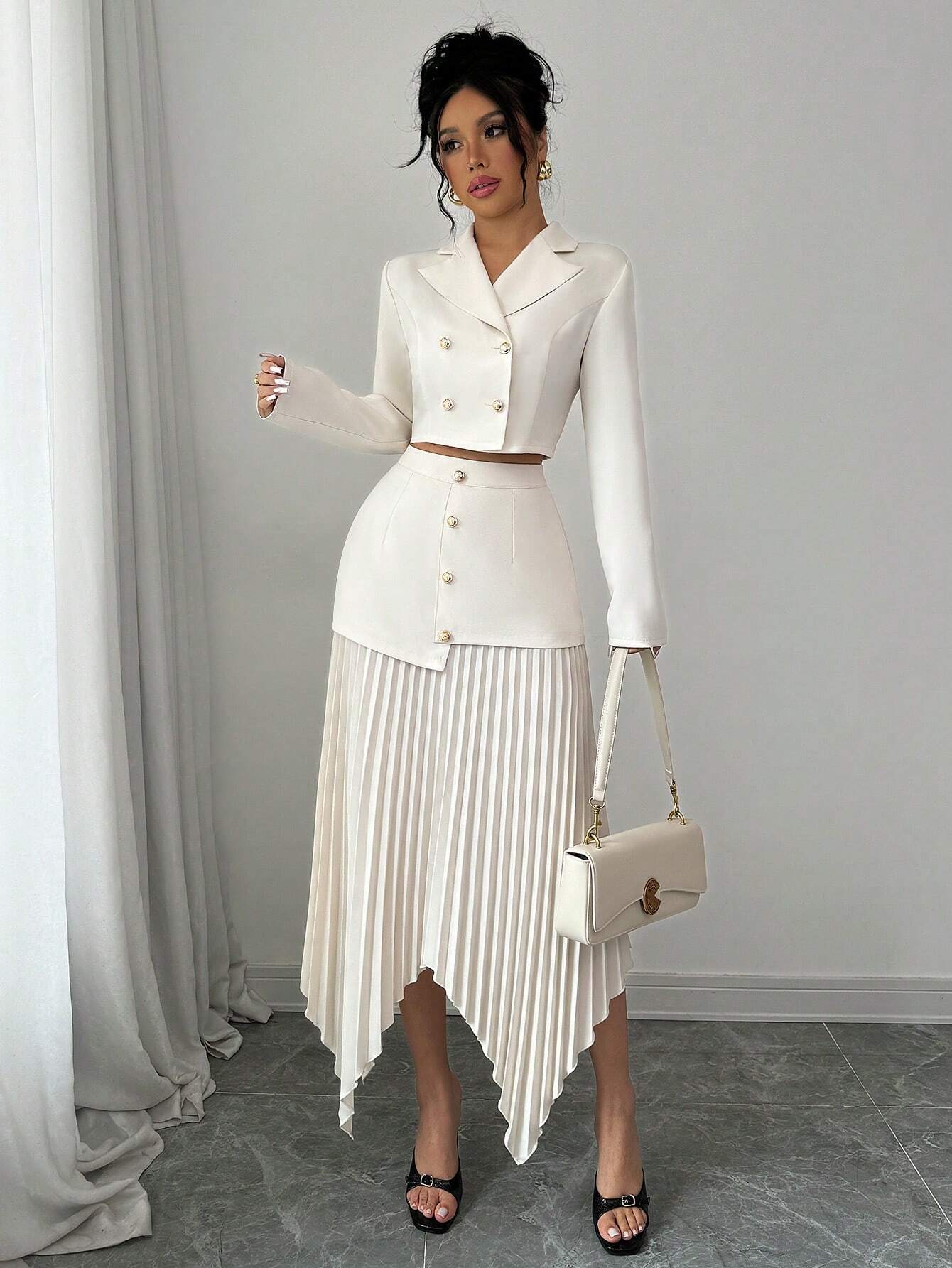 Elenzya 2pcs/Set Women Blazer Collar Gathered Waistline Button-Up Pleated Asymmetrical Elegant Outfit shein