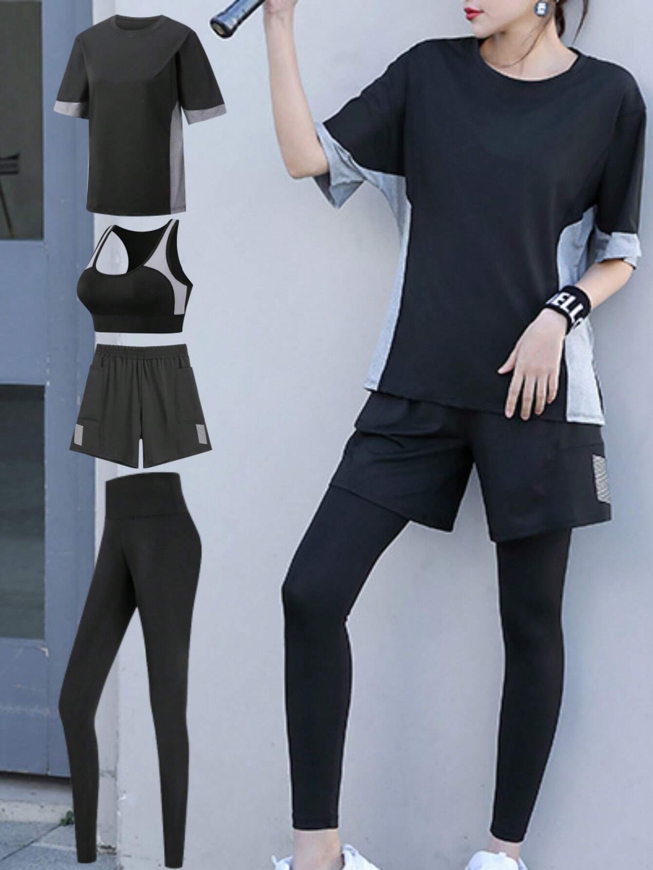 4pcs Women's Yoga Bra, Loose T-Shirt, Sports Leggings And Jogging Suit shein