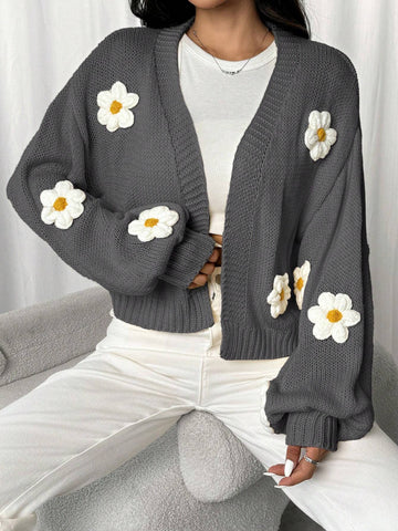 EZwear Long Sleeve Floral Decor Minimalist Cardigan