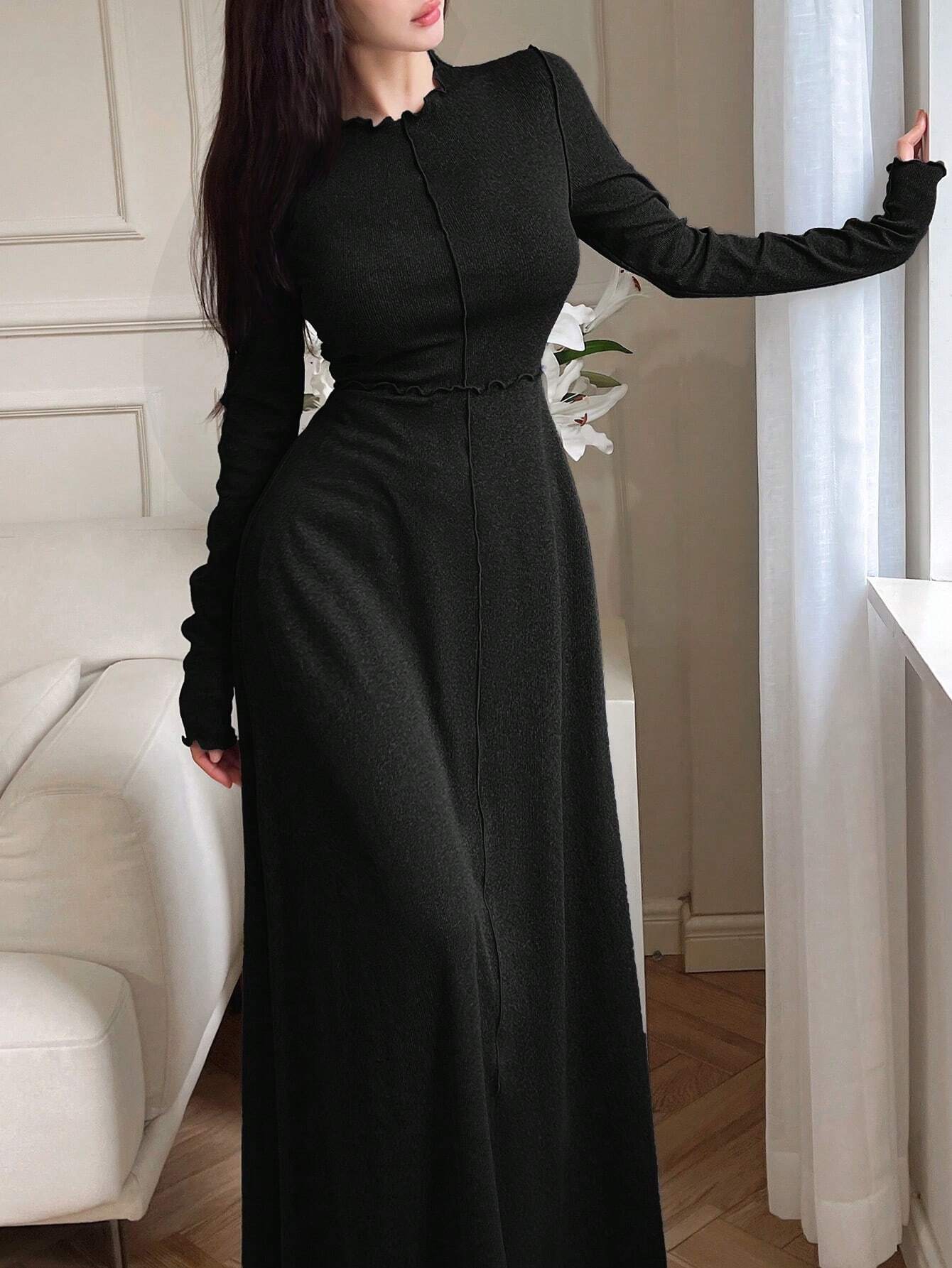 Mulvari Women's Solid Color Ruffle Trim Round Neck Long Sleeve Dress shein