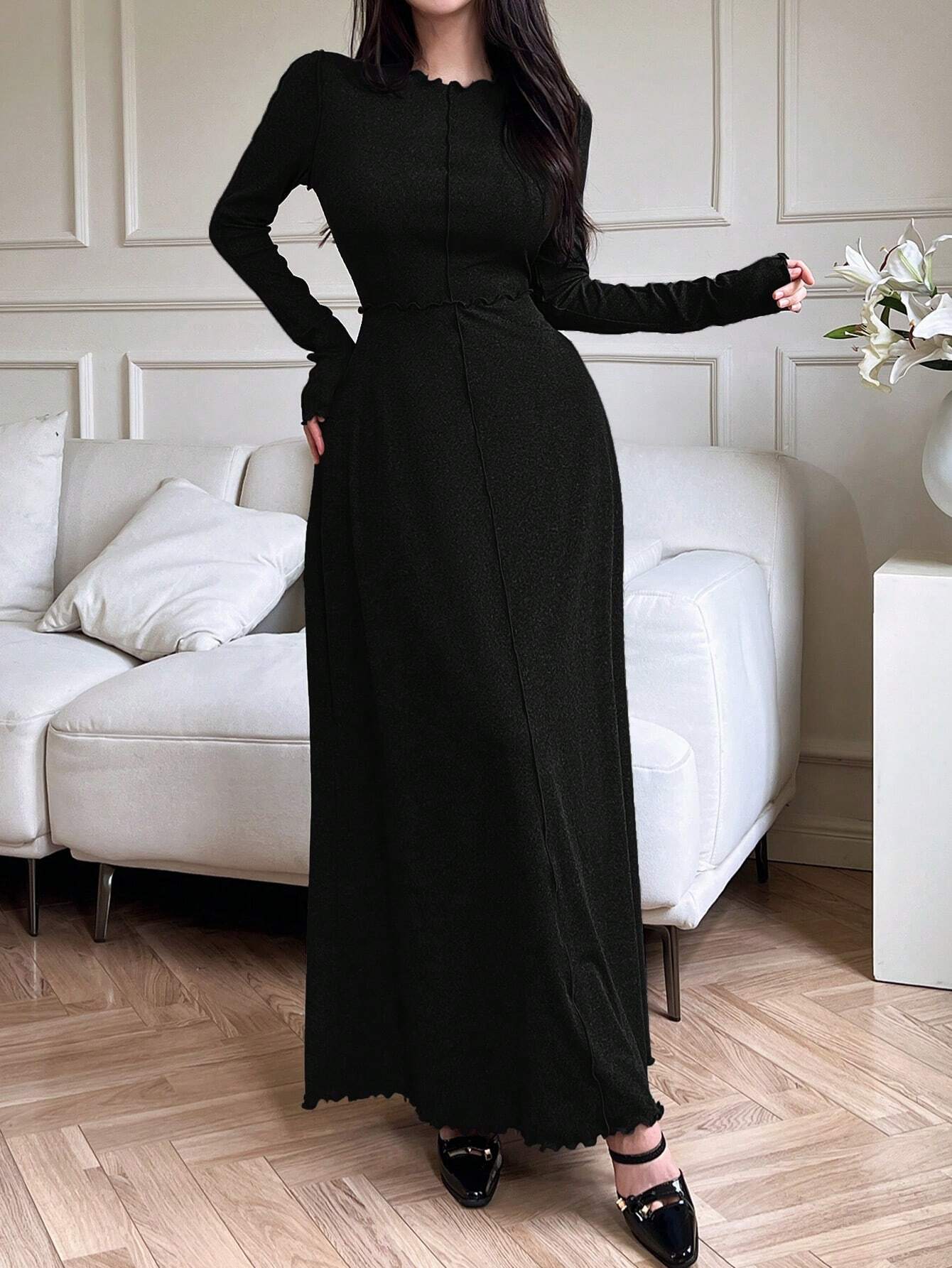 Mulvari Women's Solid Color Ruffle Trim Round Neck Long Sleeve Dress shein