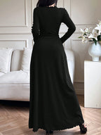Mulvari Women's Solid Color Ruffle Trim Round Neck Long Sleeve Dress shein