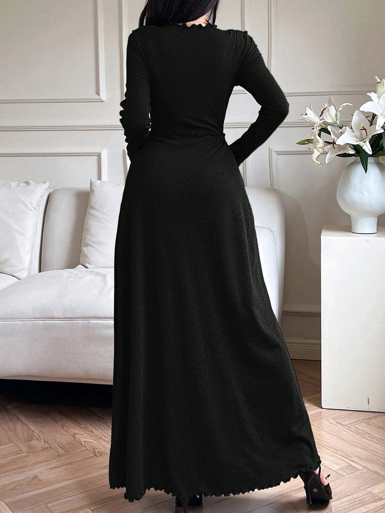 Mulvari Women's Solid Color Ruffle Trim Round Neck Long Sleeve Dress shein