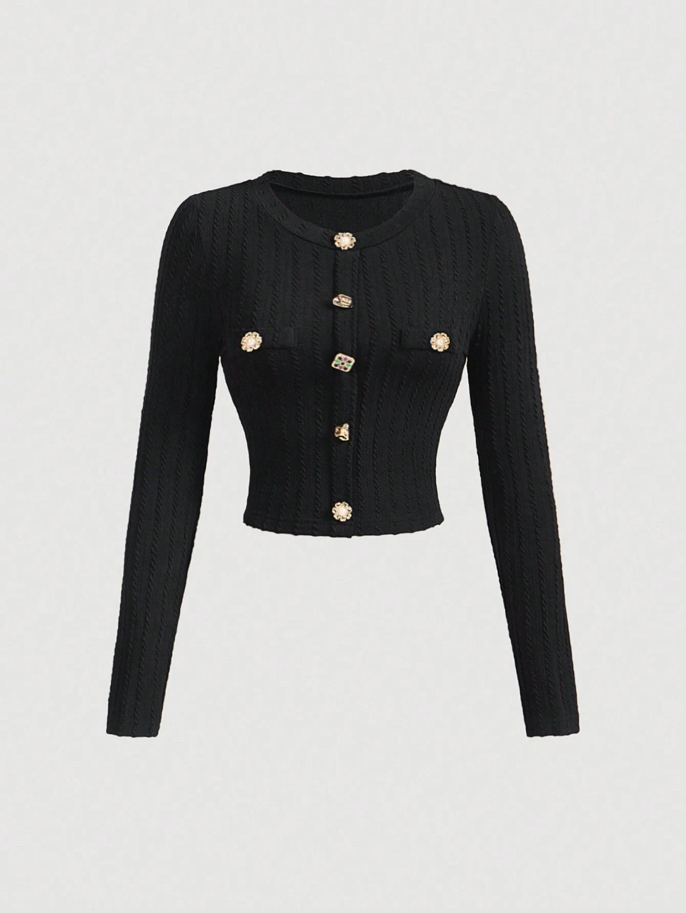 MOD Black Elegant Round Neck Metal Button Bell Sleeve T-Shirt shein