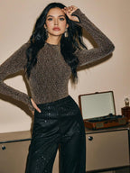 Poéselle Women's Long Sleeve Modified Fit Fashion Shiny Party Bottoming T-Shirt shein